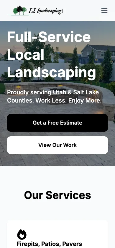 IJ Landscaping mobile homepage with landscaping services and estimate and gallery links